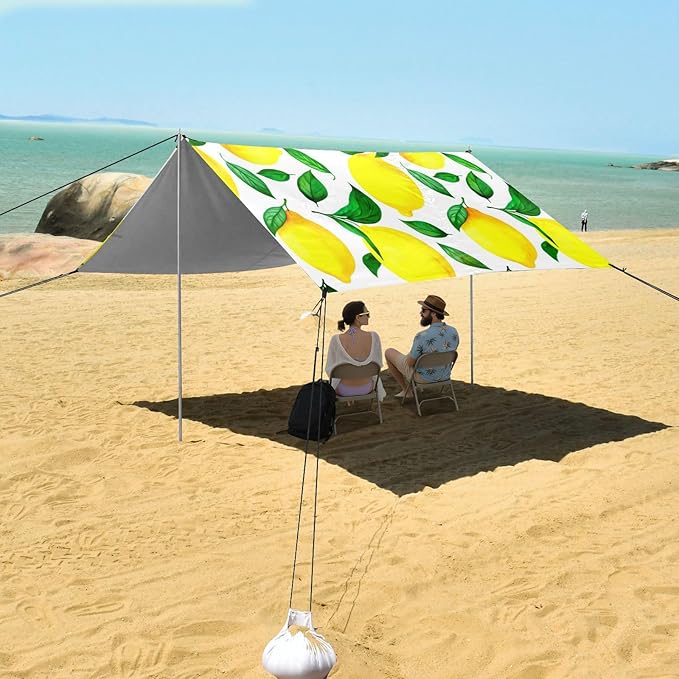 Beach Canopy with Windproof Ropes &amp Sandbags Beach Tent Sun Shade Sun Shelter for Camping Trips Fishing Backyard Fun or Picnics Lemons
