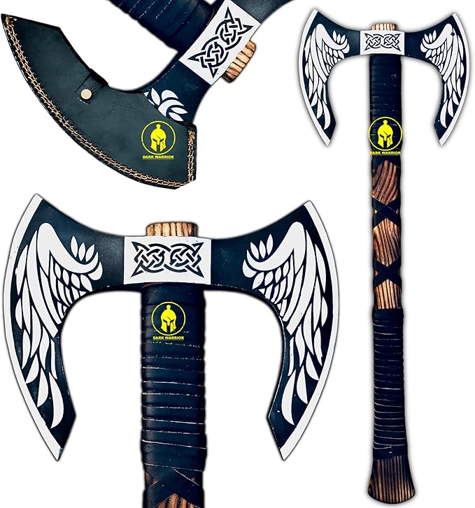DARK WARRIOR- Handmade Viking Double Headed Axe Real Battle Two Sided Twin Blade Axe with Solid Handle Leather Sheath Best Gift for Him Viking Lover.