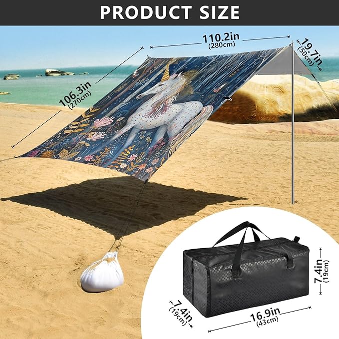ALAZA Unicorn Forest Magic Beach Tent Sun Shelter Portable Canopy Sunshade for Outdoor Camping Picnics Backyard Fun 10x9 ft