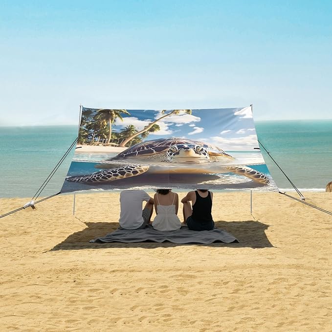 ALAZA Palm Sea Turtle Beach Beach Tent Sun Shelter UPF50+ Protection Beach Shade Canopy w/ 4 Sandbags for Outdoor Camping Fishing Backyard Fun Picnic 10x9 ft
