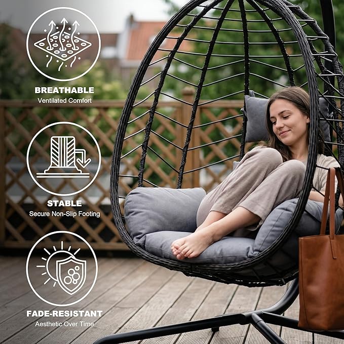 LEX CRAFT Hanging Egg Chair with Stand Swinging Egg Chair Outdoor Indoor Hanging Basket Chair with Cushion Patio Wicker Hammock Chair 350lbs Capacity for Porch Balcony Backyard Garden (Grey1)