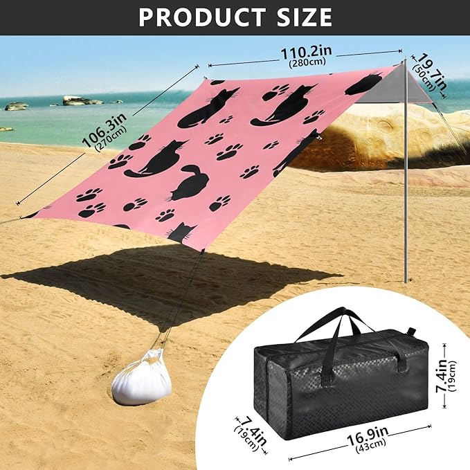 ALAZA Black Cat Footprint Pattern Beach Tent Sun Shelter Portable Canopy Sunshade for Outdoor Camping Picnics Backyard Fun 10x9 ft