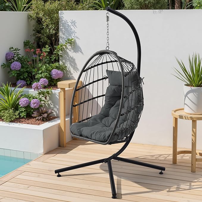 TITIMO Foldable Hanging Egg Chair with Stand Indoor/Outdoor Wicker Swinging Chair with Comfortable Cushion and Headrest Rattan Hammock Chair for Patio Bedroom Balcony Garden 350LBS Capacity