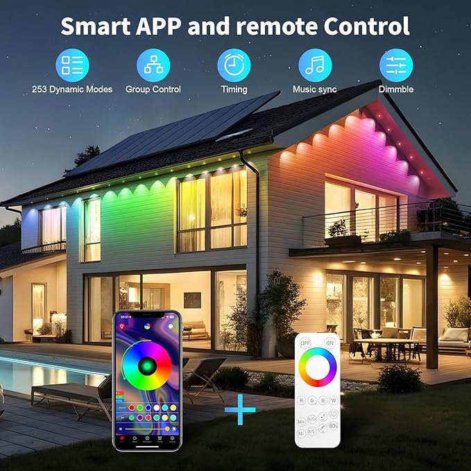 Permanent Outdoor Lights RGB Smart IC 200FT/100LEDs Decor IP68 Waterproof Music Sync with Remote&ampAPP Control Suitable for Holiday Decoration Christmas Lights Garden Party Decor Deck