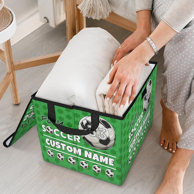 Soccer Custom Storage Bins with Lid Foldable Fabric Personalized Storage Basket Box with Handle Storage Organizer Container for Home Bedroom Closet