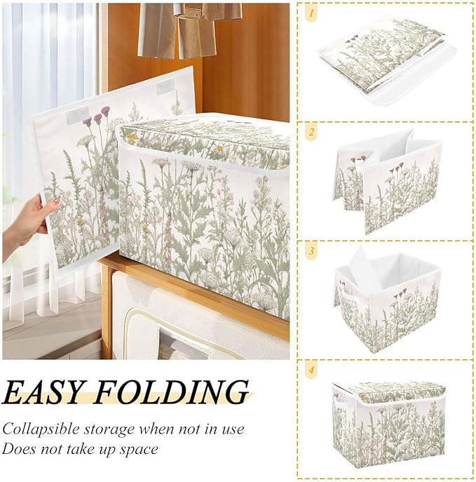 Kigai Collapsible Herbal Wildflowers Storage Basket with Lids and HandlesStorage Bins for Shelves Closet BedroomOffice Storage