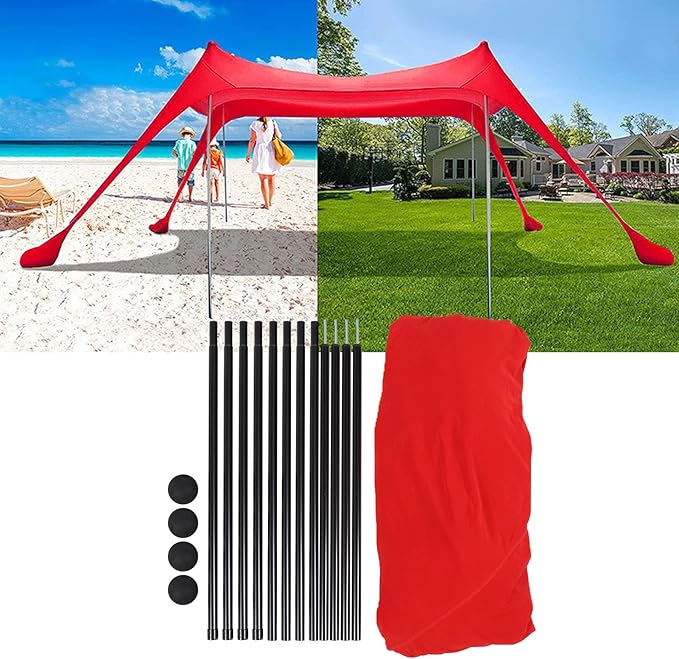 Tall Beach Sun Shelter UPF50+ Stability Pop Up Tent for Camping Spacious &amp Versatile for Family Gatherings Blue Polyester with Iron Poles (Red)
