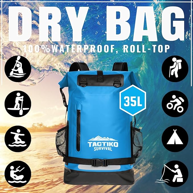 TACTIKO 30L Heavy-Duty 100% Waterproof Backpack Roll Top Dry Bags for Kayaking Hiking Camping Survival