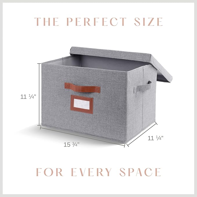 3 Pack Large Fabric Storage Boxes with Lids (15.75 x 11.25 x 11.25) - Decorative Bin with Lid Label Holder Faux Leather Handles - Large Storage Boxes for Organizing Clothes Blankets - Grey