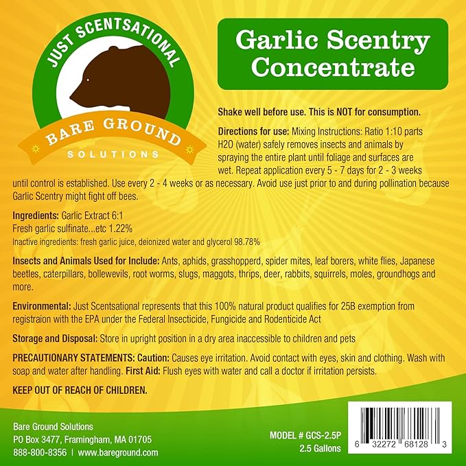 Just Scentsational Bare Ground Solutions GCS-2.5P All Natural Liquid Garlic Concentrate Barrier and Repellent 320 oz (2.5 Gallons)