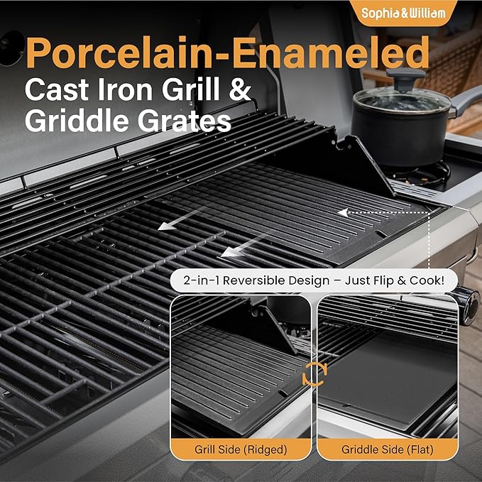 Sophia &amp William 6-Burner Propane Gas BBQ Grill with Side Burner &amp Porcelain-Enameled Cast Iron Grates Gas Grill Griddle Combo for Outdoor Cooking Barbecue Events 740 SQ.IN. Cooking Area B