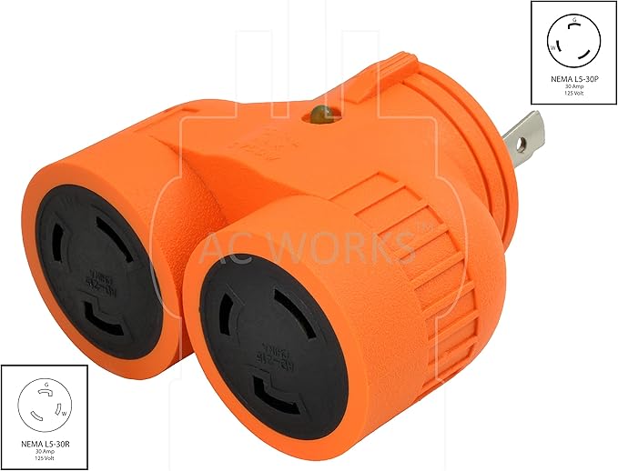 AC WORKS 30Amp 3-Prong Locking Generator Distribution Cord (L5-30 to Duo L5-30 30A 3-Prong Compact)