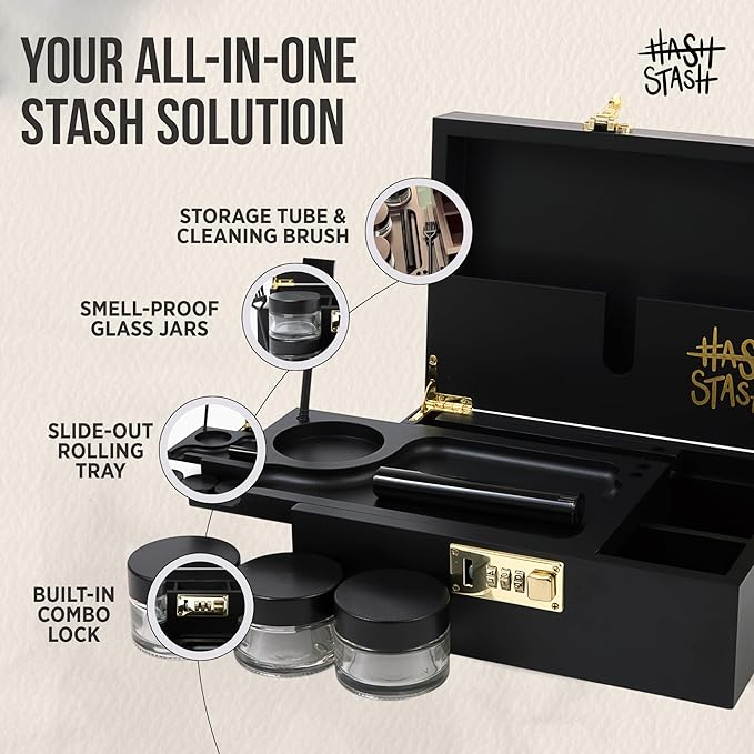 HASHSTASH The OG Storage Box - Large Bamboo Box with Combination Lock Magnetic Lid Organizer Tray Airtight Tube and 3 Jars - Discreet Decorative Locking Wooden Box with Accessories (Black/Gold)