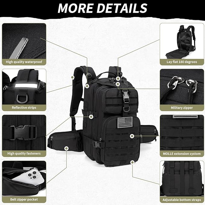Camo hunting backpacksmall tactical backpack military backpack for men camping backpack 3-day bag(Black)