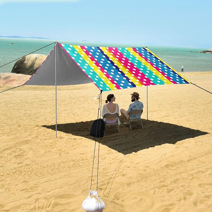 Beach Canopy with Windproof Ropes &amp Sandbags Beach Tent Sun Shade Sun Shelter for Camping Trips Fishing Backyard Fun or Picnics Stripes