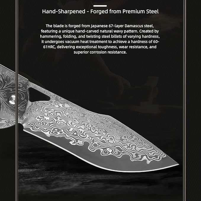 Knives Outdoor Gear Knives 67-Layer Damascus Steel Folding Knife HRC 60 Hand-Carved Vegetable-Tanned Leather Sheath Carbon Fiber Handle Folding Knife Gift Ideas for Men