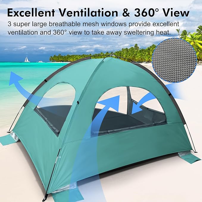 WhiteFang Beach Tent Anti-UV Portable Sun Shade Shelter for 3/4/6/8 Person Extendable Floor with 3 Ventilating Mesh Windows Plus Carrying Bag Stakes and Guy Lines