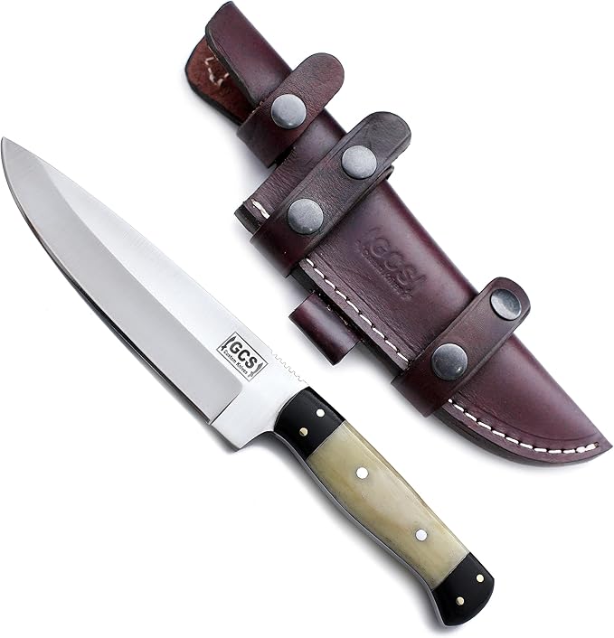 GCS Handmade D2 Tool Steel Bone Handle Hunting Skinning Camping Knife with Brown Leather Right or Left Hand Horizontal Fixed Blade Knife Sheath GCS207