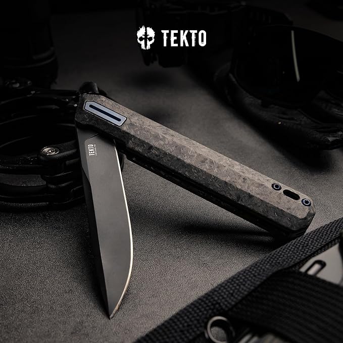 TEKTO F2 Bravo Folding Pocket Knife - D2 Steel Blade Ceramic Ball Bearings - EDC - Snap Swift Flip for Camping Backpacking - 2.4oz (68g) G10 Forged Carbon Handle Blue Titanium Accents