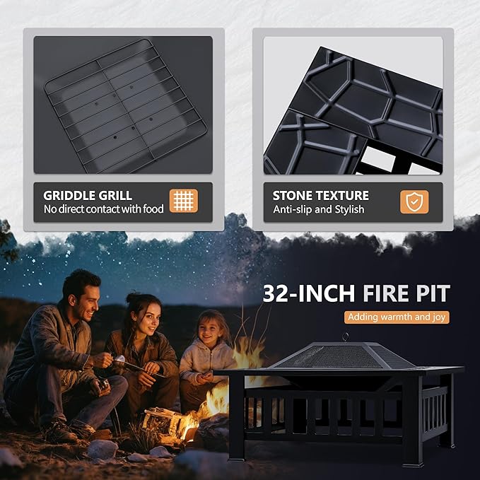 Greesum Multifunctional Patio Fire Pit Table 32in Square Metal BBQ Firepit Stove Backyard Garden Fireplace with Spark Screen Lid and Rain Cover for Camping Outdoor Heating Bonfire and Picnic Black
