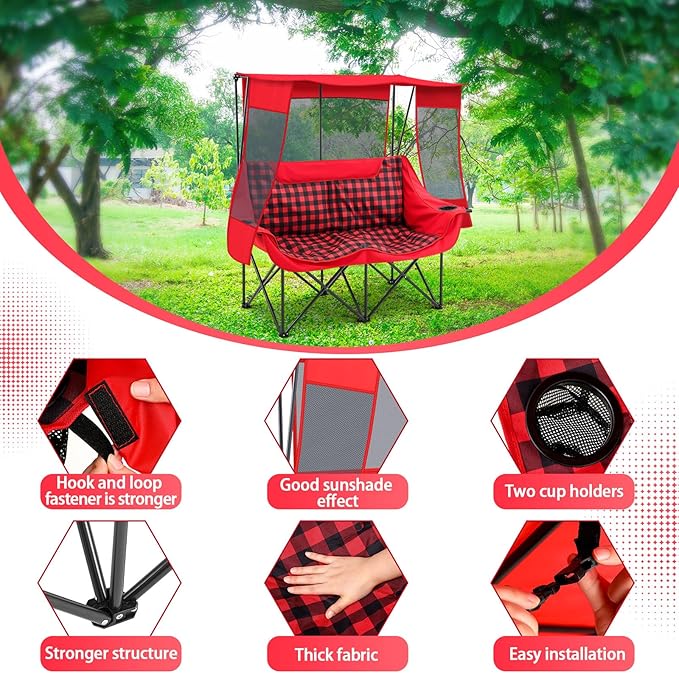 Teenyyou Double Camping Chair with Canopy Shade 660lbs Heavy Duty Beach Chair Portable Folding 2 Person Camping Loveseat with Cup Holder and Storage Bag for Lawn Beach Outdoor Sport(Red Plaid)