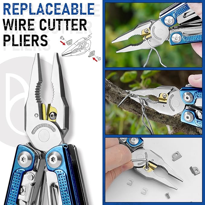 BIBURY Multitool Pliers BI2049BL with Blue Titanium Handle EDC Multi Tool with Replaceable Wire Cutter Full-Size Scissors and Screwdirver Set Heavy Duty Hand Tool for DIY Repair Camping Survival