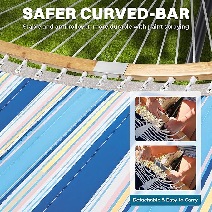 SUPERJARE Curved-Bar Hammock with Stand 2 Person Heavy Duty Hammock Frame Detachable Pillow &amp Portable Carrying Bag Perfect for Outdoor &amp Indoor Holiday Voyage Stripe
