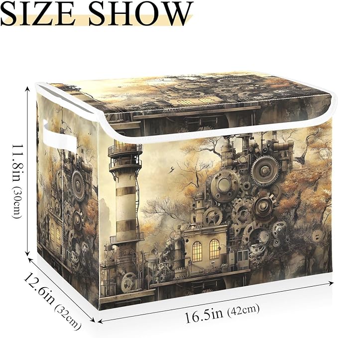 Steampunk Lighthouse Large Storage Bins with Linen Foldable Storage Box Fabric Closet Organizer Containers Cubes with Flip-Top Lid for Home Office 16.5” x 12.6” x 11.8”