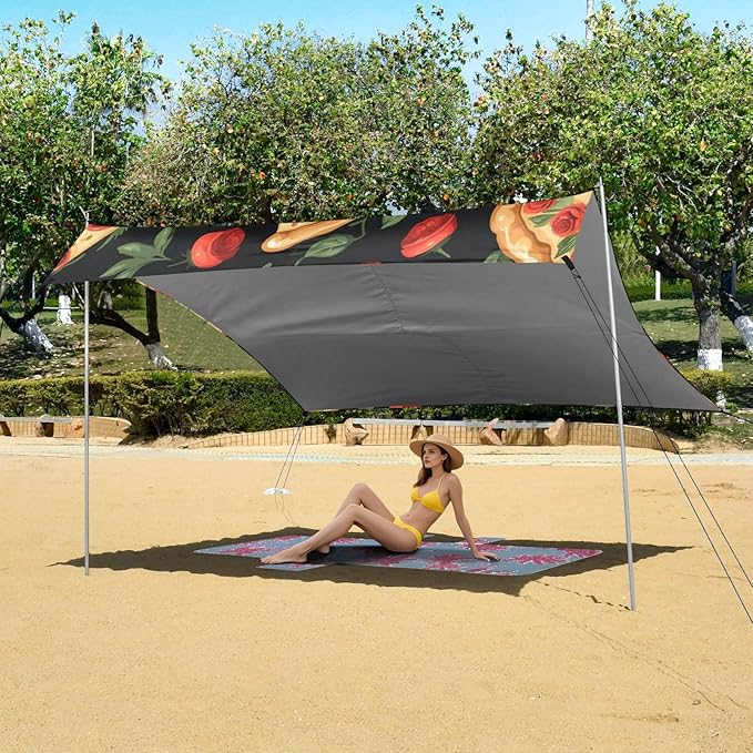 ALAZA Pizza Slice Rose on Black Beach Tent Sun Shelter Portable Canopy Sunshade for Outdoor Camping Picnics Backyard Fun 10x9 ft