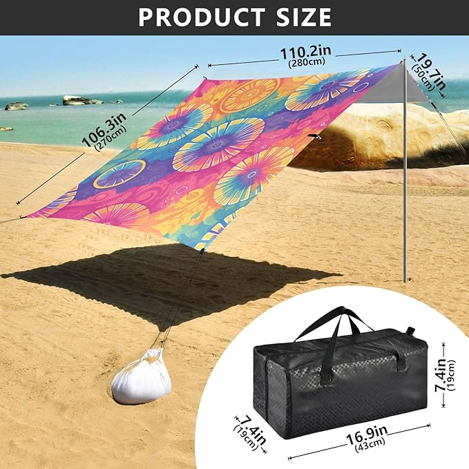 Darkorchid Tie Dye Background Rainbow Colors Tie-dye Pattern Beach Tent UPF50 Easy Setup Shade Sun Shelter with Sandbags &amp Sand Shovel for Camping Picnics Backyard &amp Fishing