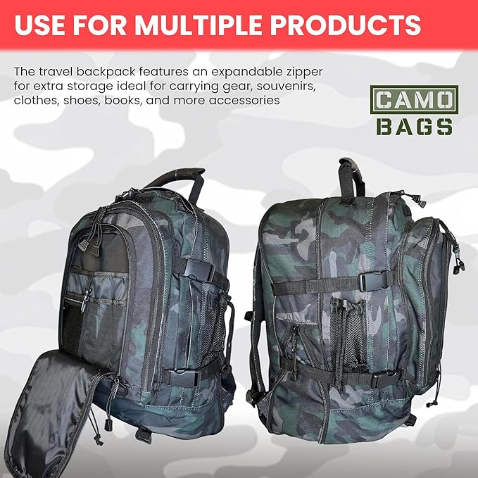 Camo Expandable Travel Backpack with 1000 Denier Cordura Polyester - Backpack For Men with Padded Straps &amp Multiple Compartments - Hiking Backpack for Campers Travelers with Large-Capacity Storag