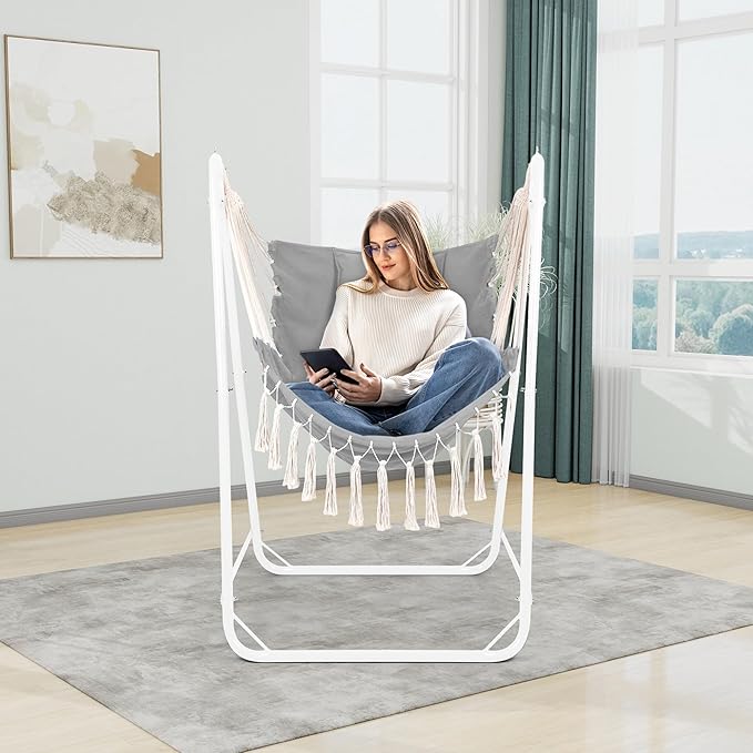 U-Shaped Hammock Chair with Stand Indoor &amp Outdoor Heavy-Duty Metal Frame Hammock Swing Stand Chair with Side Pockets for Brackyard Patio Porch (Light Gray)