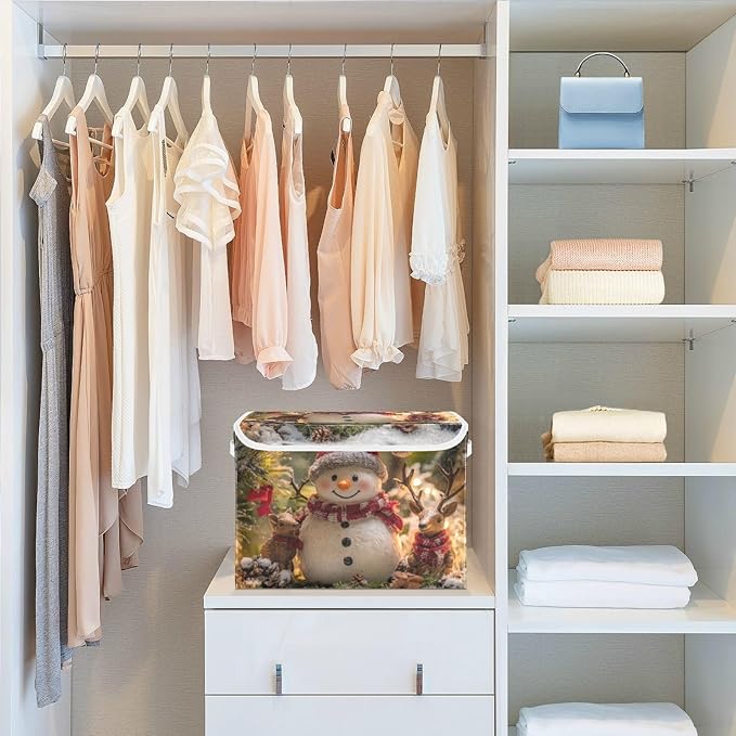 Christmas Snowman Deer Collapsible Storage Bins with Lids Decorative Fabric Storage Cubes Closet Organizer and Storage Basket Boxes Containers for Clothes Box Chest Folding Rectangle