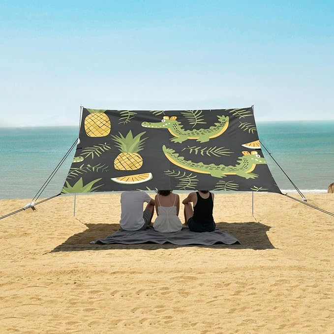 ALAZA Crocodile Pineapple Beach Tent Sun Shelter UPF50+ Protection Beach Shade Canopy w/ 4 Sandbags for Outdoor Camping Fishing Backyard Fun Picnic 10x9 ft