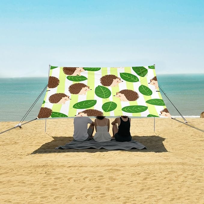 xigua Hedgehog Beach Tent Sun Shelter with Carrying Bag - Silver Coated Oxford Fabric Beach Canopy for Beach Camping Fishing - Includes Windproof Ropes Sandbags &amp Stakes