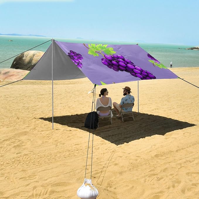 xigua Purple Grape Beach Tent Sun Shelter with Carrying Bag - Silver Coated Oxford Fabric Beach Canopy for Beach Camping Fishing - Includes Windproof Ropes Sandbags &amp Stakes