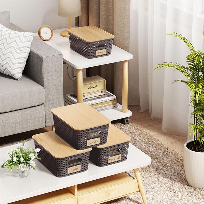 6Pcs Storage Bins with Lids Stackable Plastic Storage Basket with Bamboo Lid Pantry Organizer Box Small Containers for Organizing Shelves Drawer Desktop Closet Cabinet Office Classroom 10x7.1x4.1in