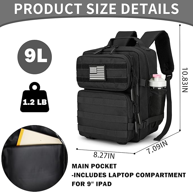 45L/25L/9L Tactical Backpack for Men and Women Military Heavy Duty Molle Backpack Army Assault Pack Travel Camping Gym Work Rucksack Daypack (Black Mini 9L)