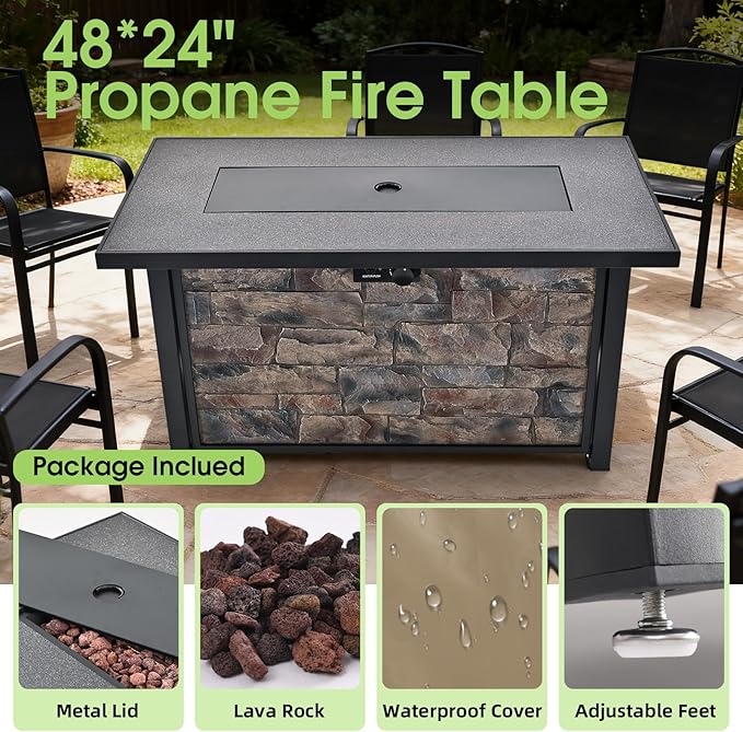 48 Fire Pit Table with Metal top &amp Stone Panel Propane Gas Firepit 5W BTU Fire Table for Outside Patio Backyard Deck Balconywith Metal LidLava Rocks &amp Rain Cover Rectangular