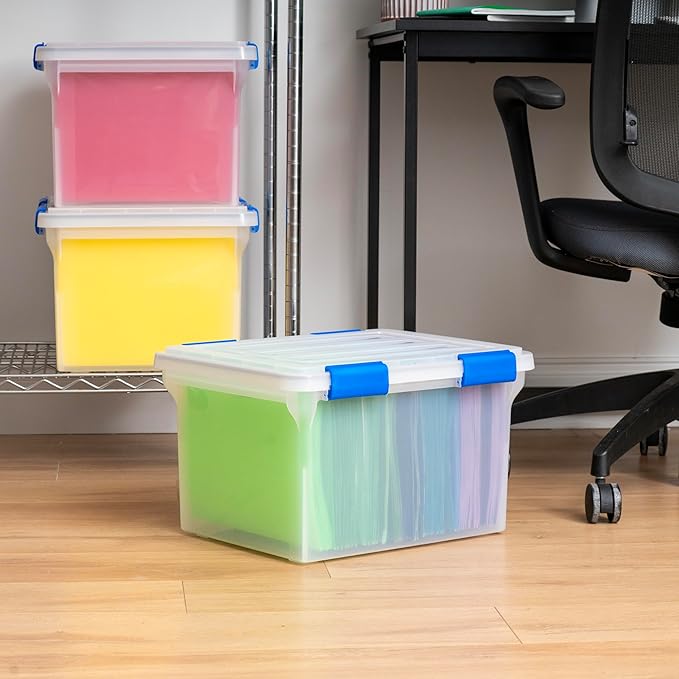 IRIS USA File Box WeatherPro File Organizer for Letter/Legal File Water Resistant Document Box Plastic Gasket File Box With Tight Latch and Seal Stackable Nestable Clear/Blue 32 Qt. 3 Pack