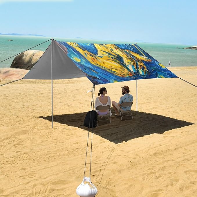 ALAZA Peace Sign Gesture Starry Sky Beach Tent Sun Shelter UPF50+ Protection Beach Shade Canopy w/ 4 Sandbags for Outdoor Camping Fishing Backyard Fun Picnic 10x9 ft