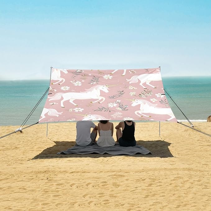 ALAZA White Unicorn Pattern Beach Tent Sun Shelter Portable Canopy Sunshade for Outdoor Camping Picnics Backyard Fun 10x9 ft