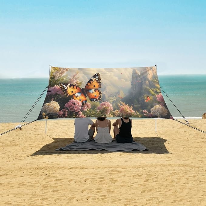 Spring Butterflies Landscape Beach Tent Sun Shelter Set UPF50+ UV Protection 10.5 x 9.19 FT Camping Shade Canopy with Sandbags Sand Anchors Carrying Bag and Others