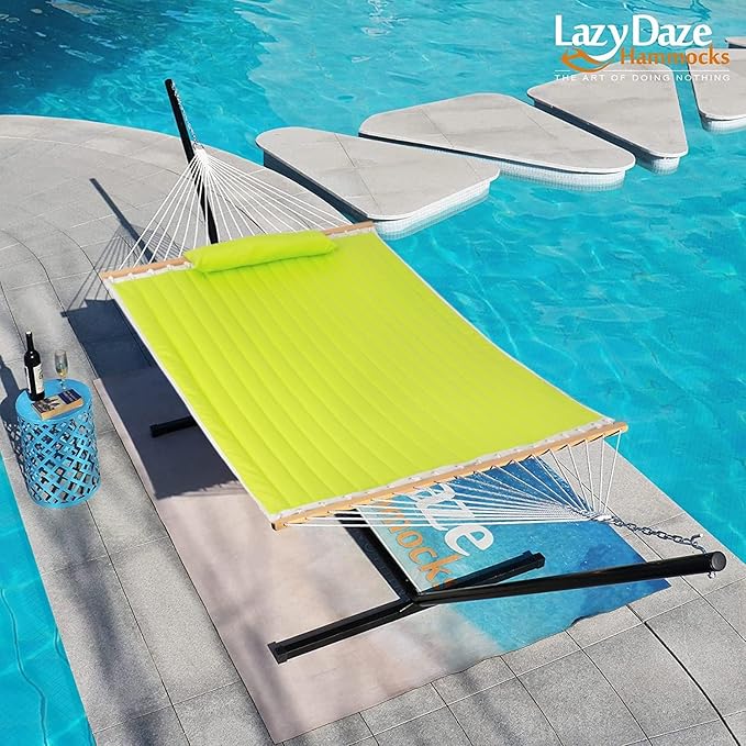 Lazy Daze Hammocks 12 FT Double Quilted Fabric Hammock with Spreader Bar and Detachable Pillow Two Person Hammocks 450lbs Weight Capacity (Light Green)