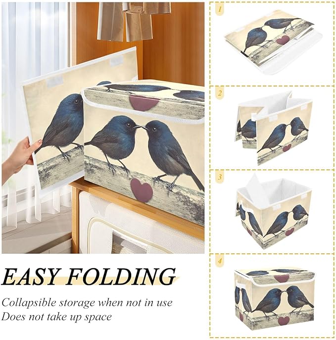 Storage Cube with Lid Valentine Birds Print 16.5×12.6×11.8 IN Collapsible Large Capacity Foldable Storage Basket Bin Organizer