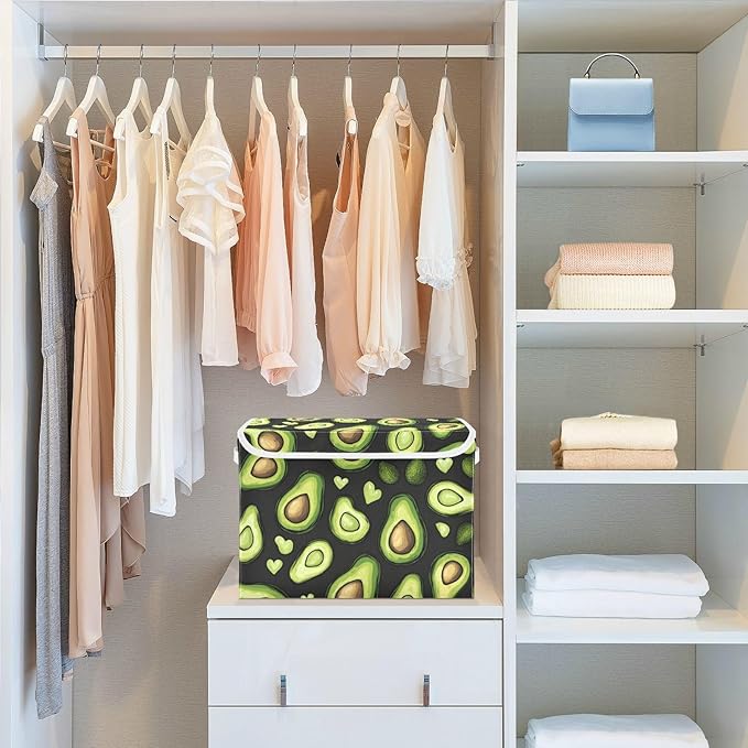 Collapsible Storage Bins with Lids Decorative Fabric Storage Cubes Closet Organizer and Storage Basket Boxes Containers for Clothes Box Chest Nursery Folding Rectangle Black Avocados Love