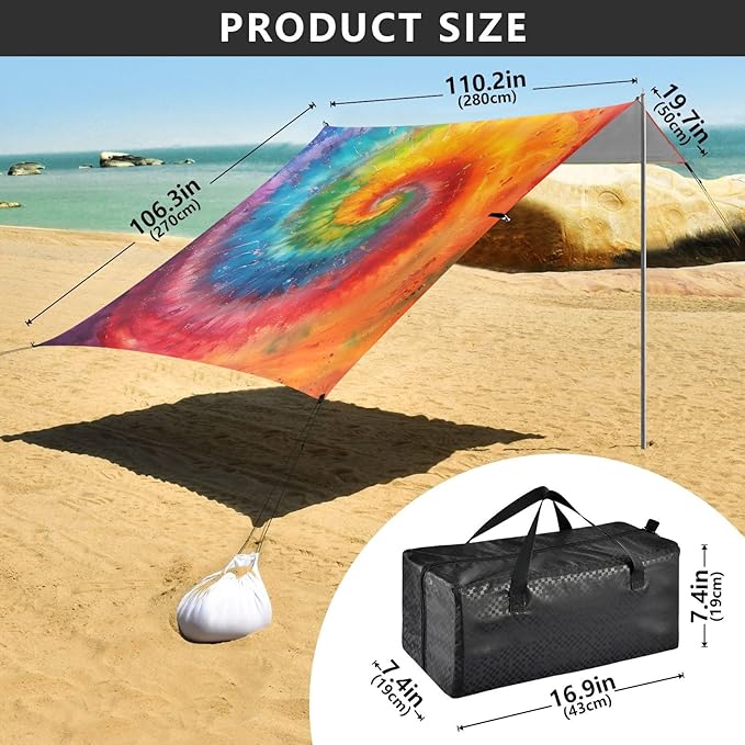 ALAZA Swirl Tie Dye Beach Tent Sun Shelter UPF50+ Protection Beach Shade Canopy w/ 4 Sandbags for Outdoor Camping Fishing Backyard Fun Picnic 10x9 ft