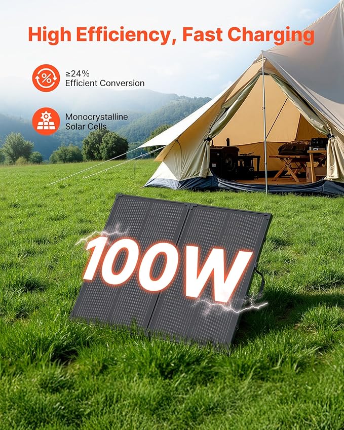VEVOR 100W Foldable Solar Panel with Frame 16BB N-Type Portable Monocrystalline Solar Panel Charger 24% Efficiency IP67 Waterproof with 30A PWM Controller &amp MC4 Output for Camping Hiking RV Tr