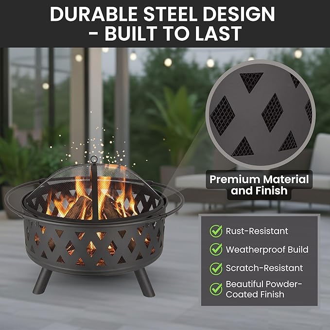Fire Pit - 32-Inch Outdoor Wood Burning Firepit with Screen Poker and Cover - Outdoor Fire Pits for Backyard Deck or Patio by Pure Garden (Black)
