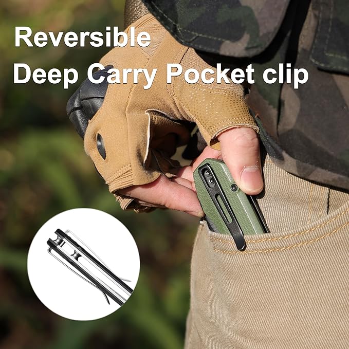 REMETTE RT-CAMEL Folding Pocket Knife Button Liner Lock - 3.1 D2 Steel Blade Green G10 Handle EDC Knife with Reversible Pocket Clip Sharp Knife for Hiking Camping Men &amp Women - RTG1